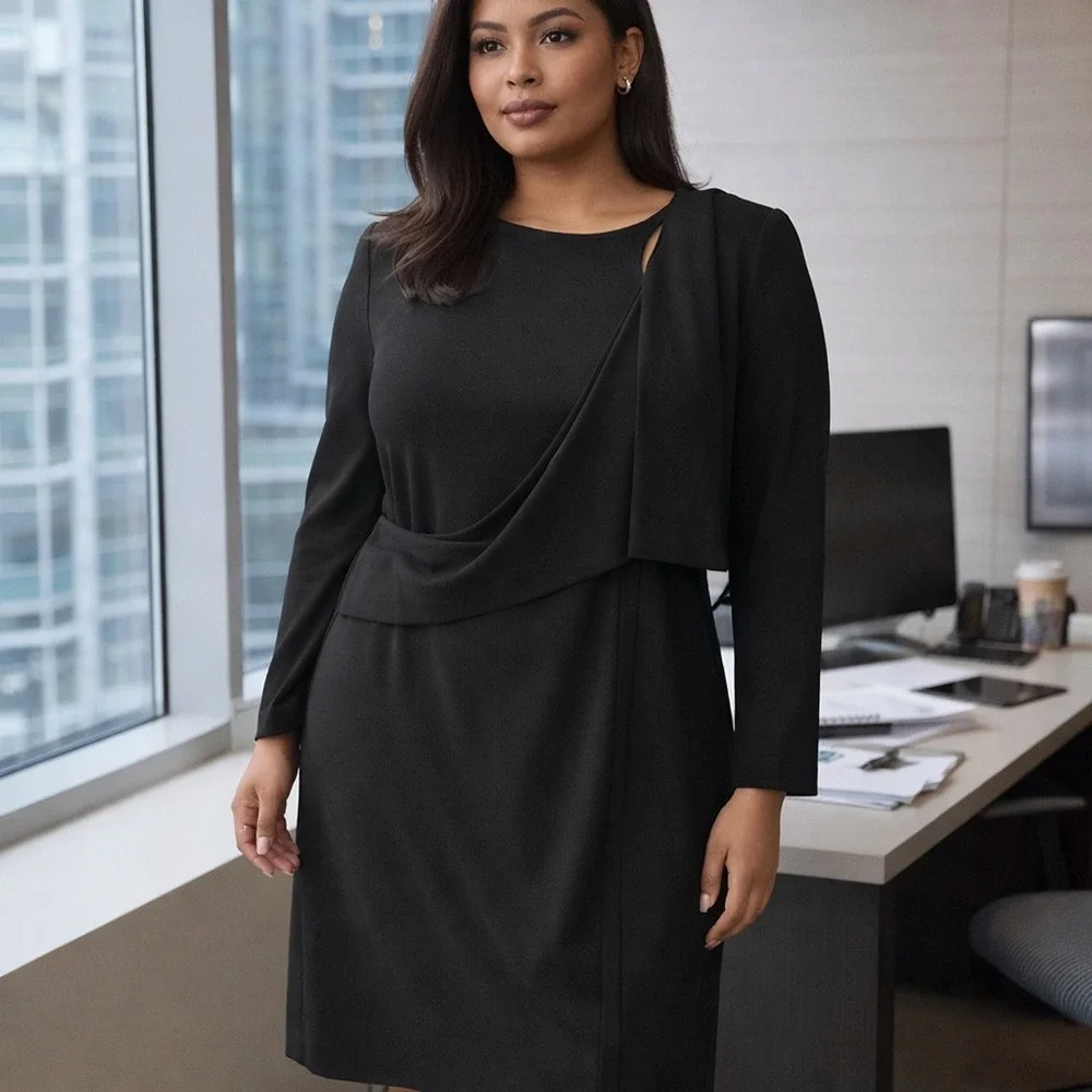 Eloquii‎ Black Draped Overlay Midi Dress 18/20 NWT Minimalist Career Workwear